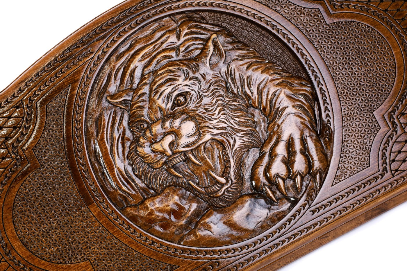 The interior view of the open Hrachya Ohanyan Tiger set highlighting the smooth wood finish and professional playing lanes.