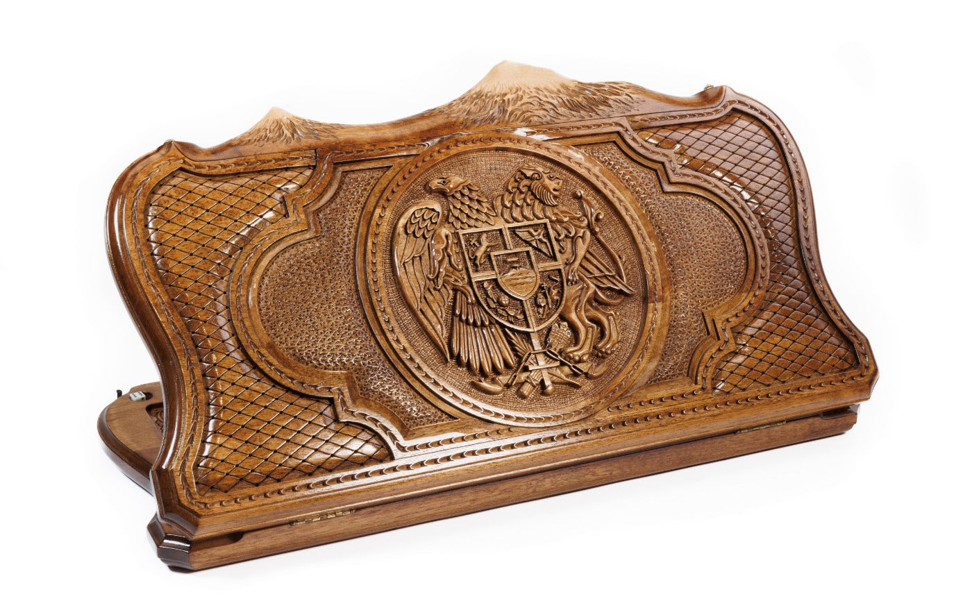 Detailed exterior view of the luxury Coat of Arms of Armenia backgammon set.