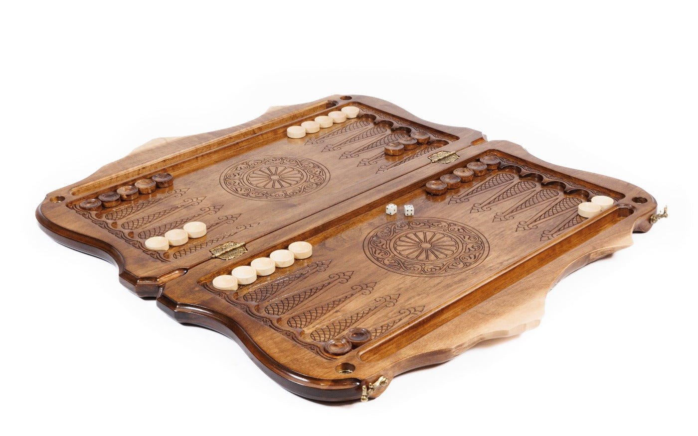 Close-up of the Coat of Arms of Armenia backgammon wooden playing pieces and hand-carved details.