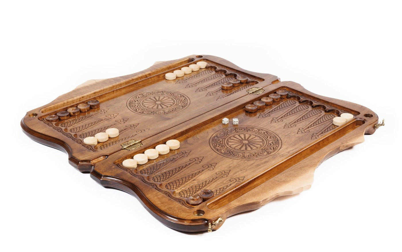 Close-up of the Coat of Arms of Armenia backgammon wooden playing pieces and hand-carved details.