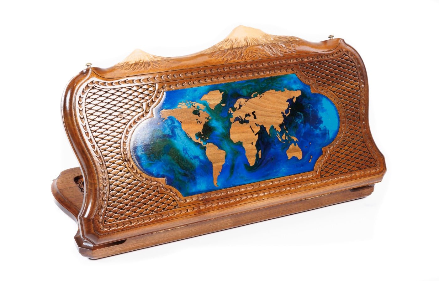 World map epoxy wooden backgammon board with Mount Ararat outline design