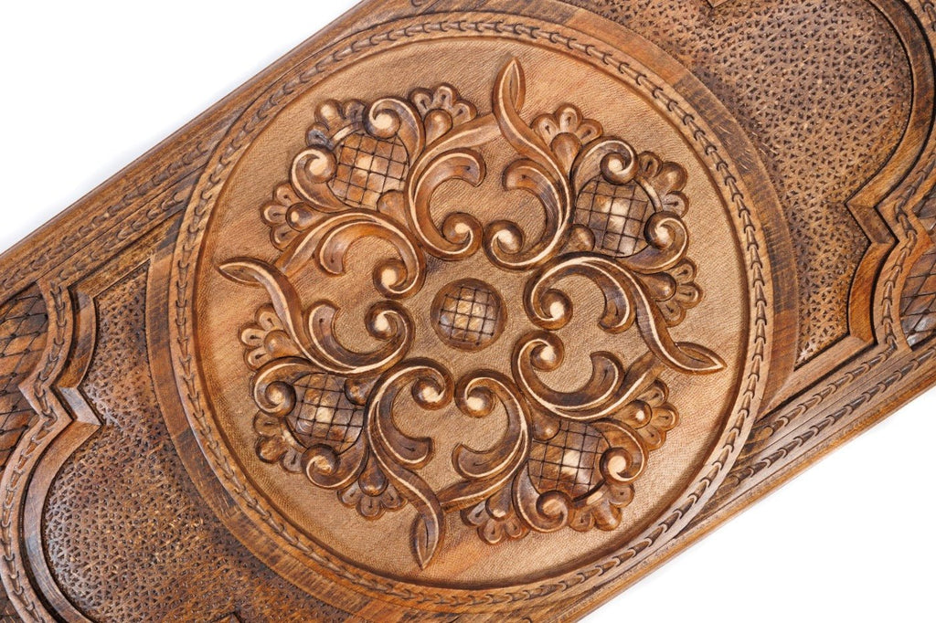 Luxury backgammon board with decorative ornamental wooden artwork