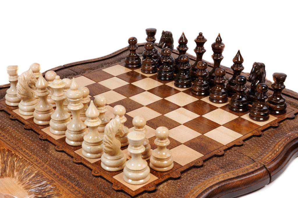 wooden chess board with Mount Ararat carving detail