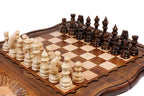 wooden chess board with Mount Ararat carving detail
