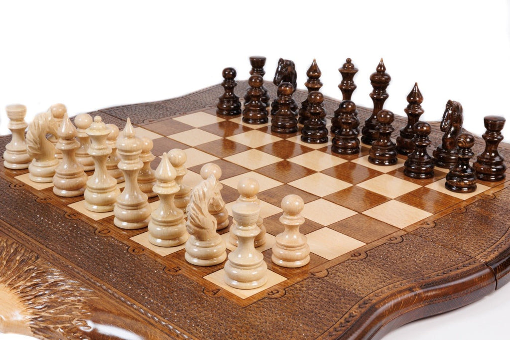 Handcrafted wooden chess set and backgammon Armenian themed design