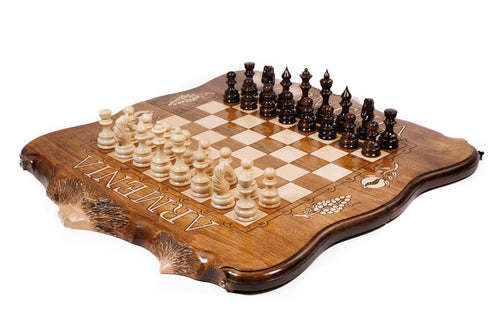 Luxury Armenian wooden chess set with Mount Ararat outline wooden chess board