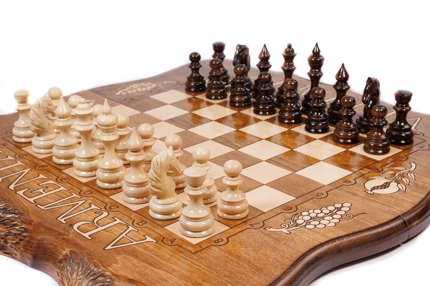 Handcrafted wooden chess set and wooden backgammon Armenian themed design