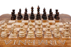 Armenian Motif chess and backgammon set - chess pieces set up for play