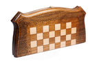 Closed 40 cm contour-outline chess board standing on edge, carved ornament frame