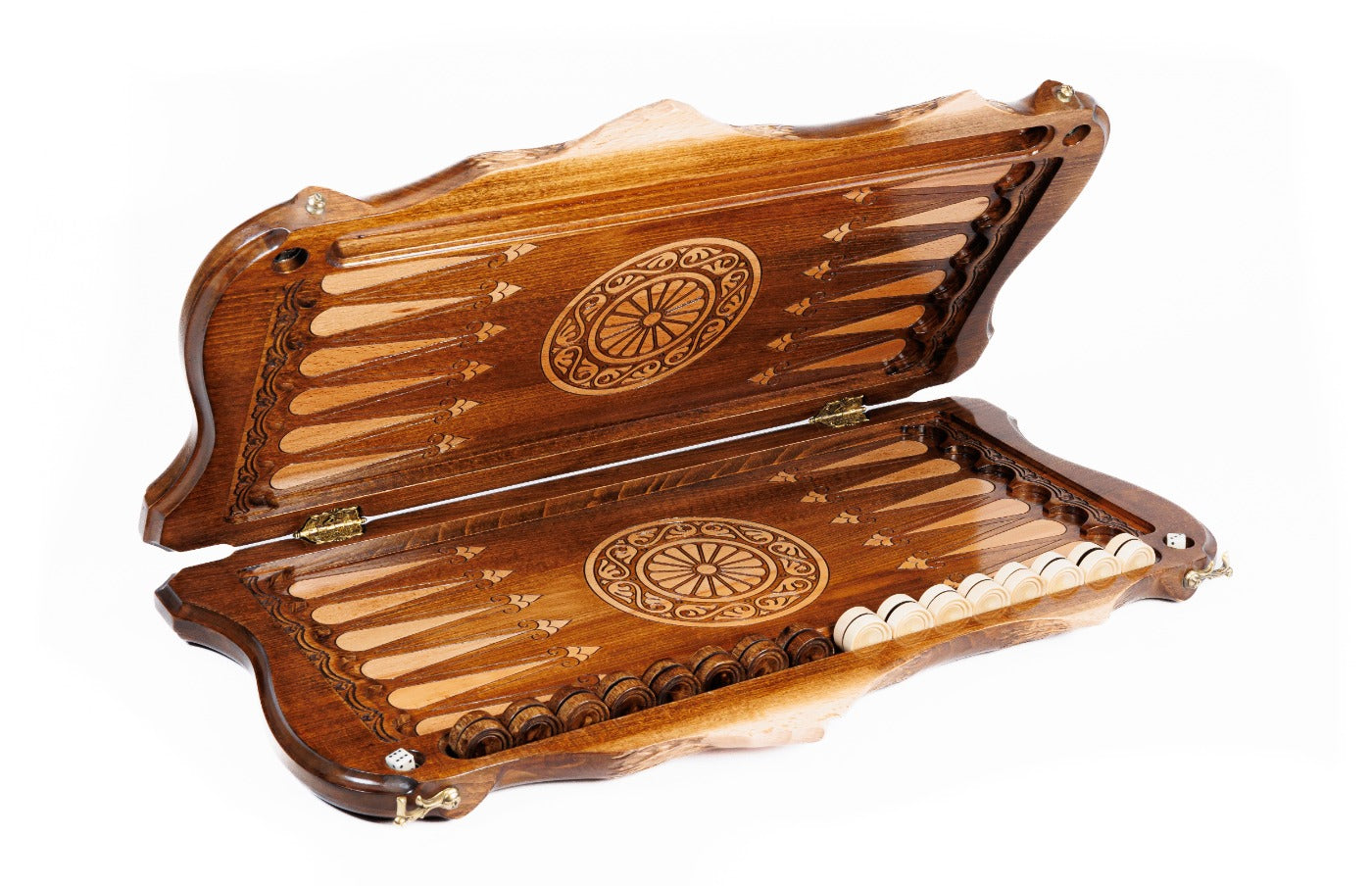 The interior of the open Armenian backgammon board showing the contrasting wood pips and smooth playing lanes.