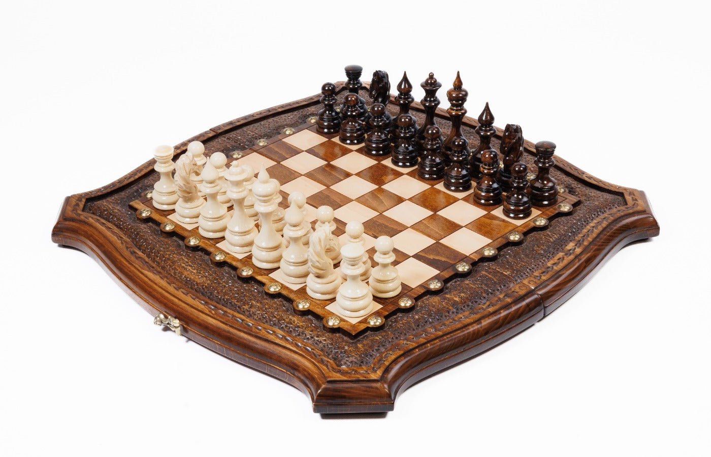 Luxury Armenian chess set with contour outline wooden design