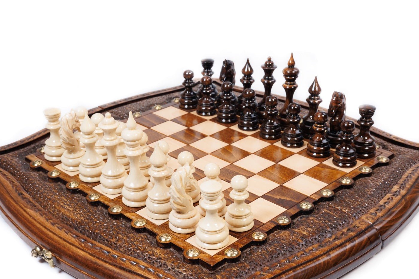 Handcrafted Armenian chess board elegant contour geometric style