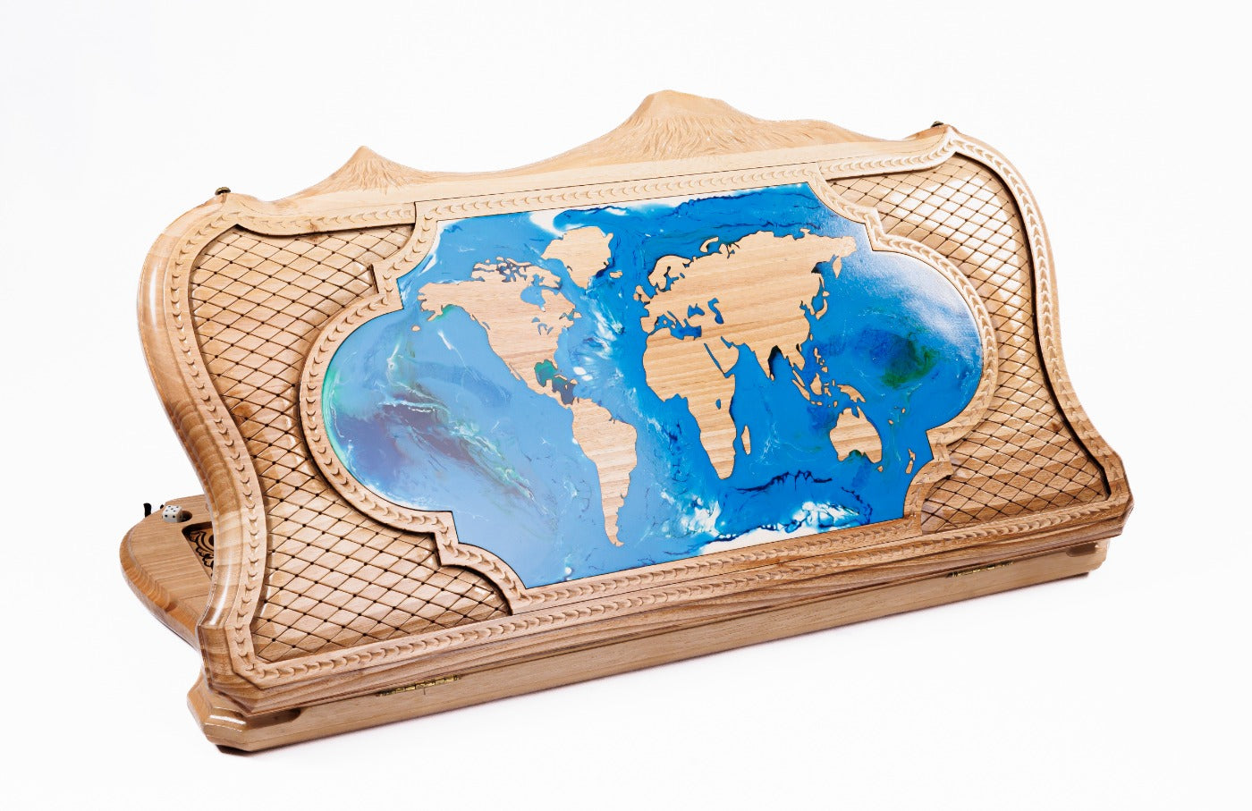 A frontal shot of the closed World Map backgammon board featuring blue epoxy resin oceans and the copyrighted Mount Ararat outline.