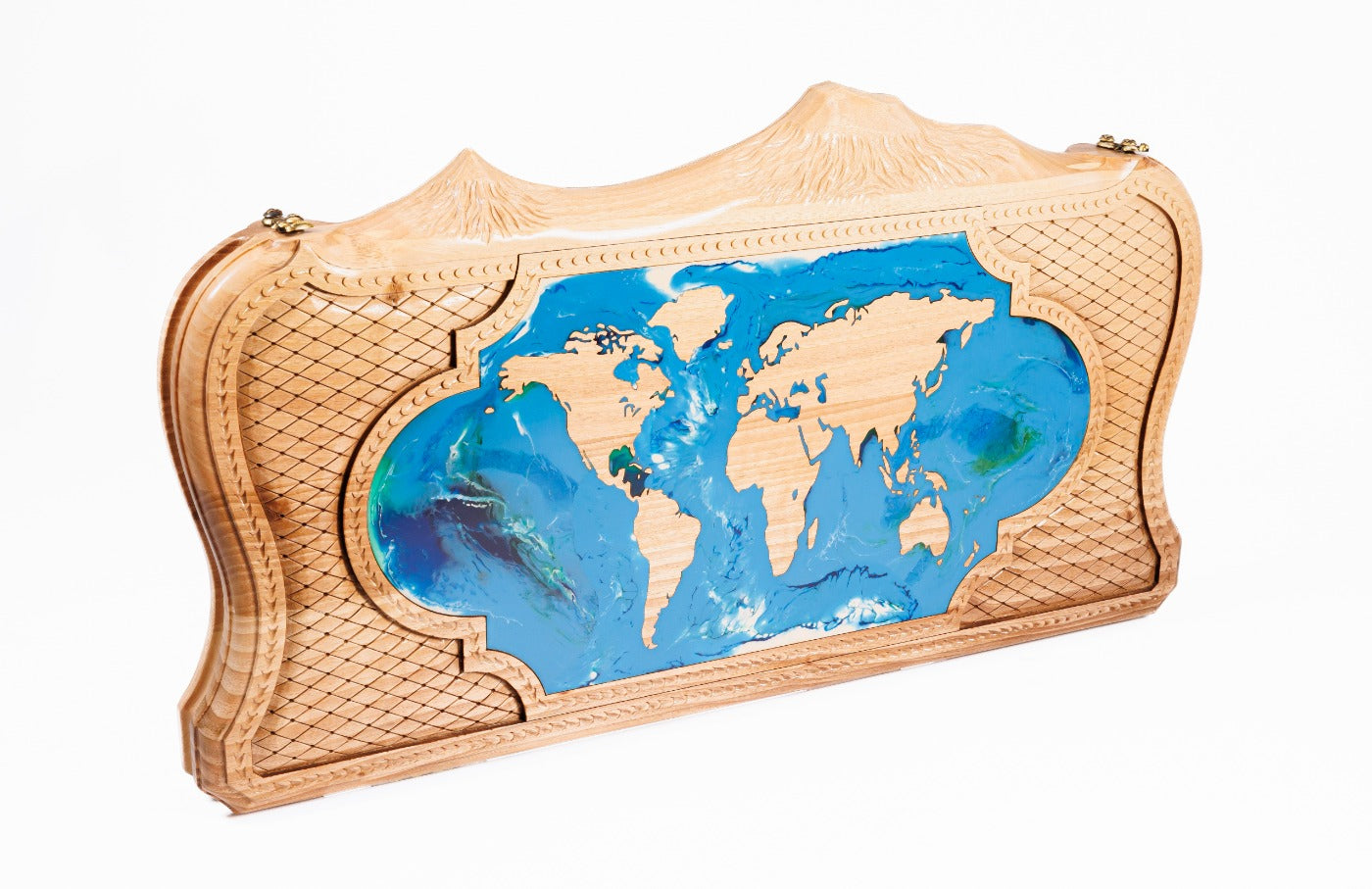 The interior view of the open Hrachya Ohanyan World Map set highlighting the smooth wood finish and professional playing lanes.
