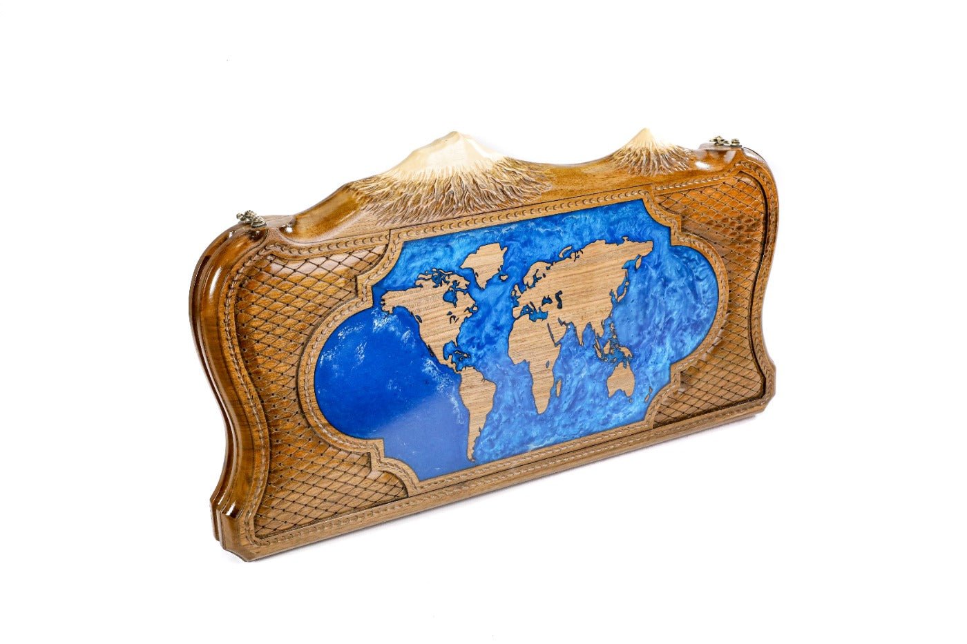 Luxury backgammon board with Mount Ararat outline and epoxy world map