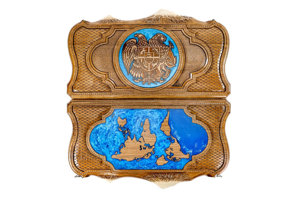 Backgammon Board - Coat of Arms of Armenia World Map With Epoxy - Unumperfectus