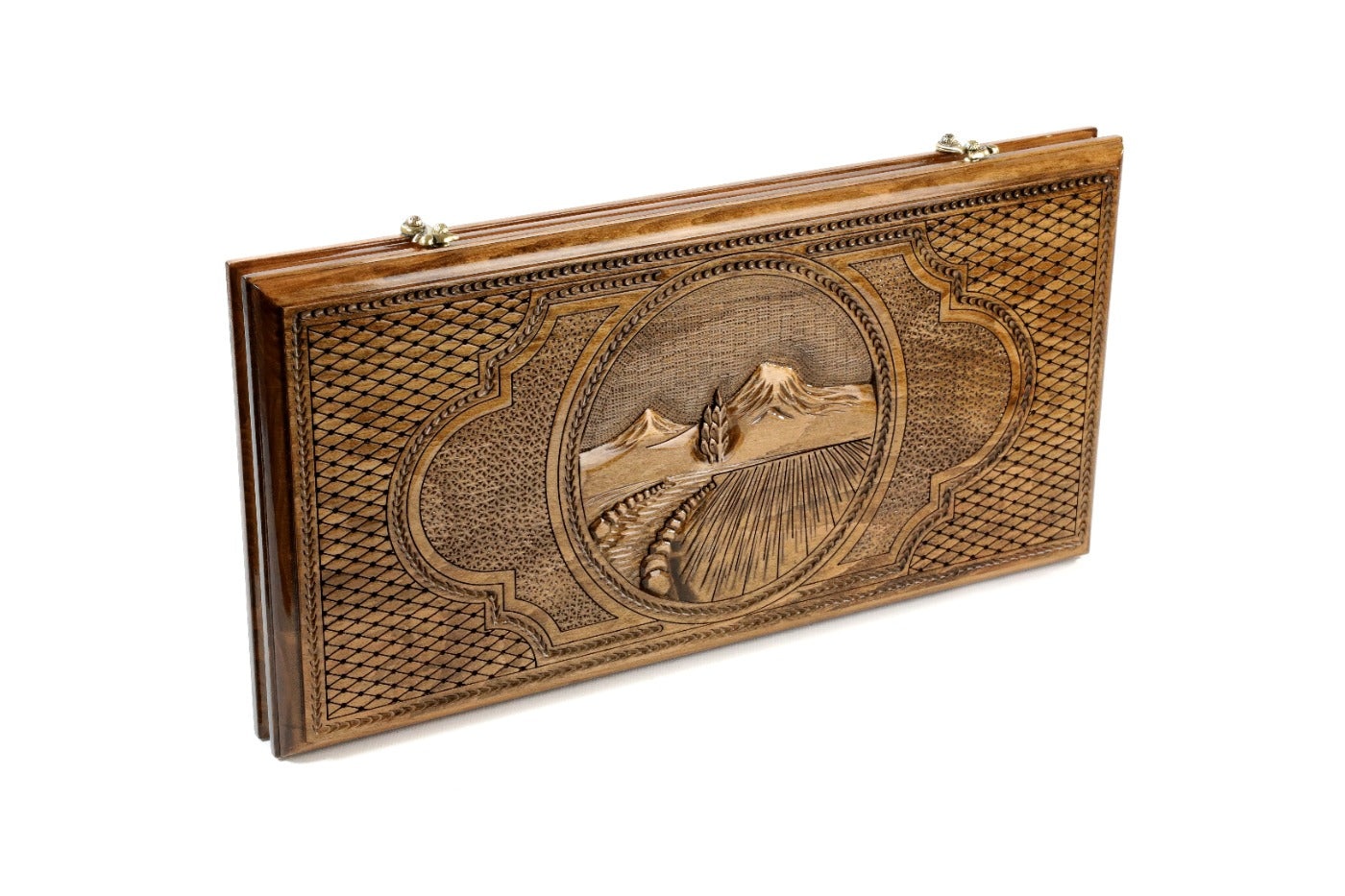 Handcrafted wooden backgammon set with Armenian motif detailing