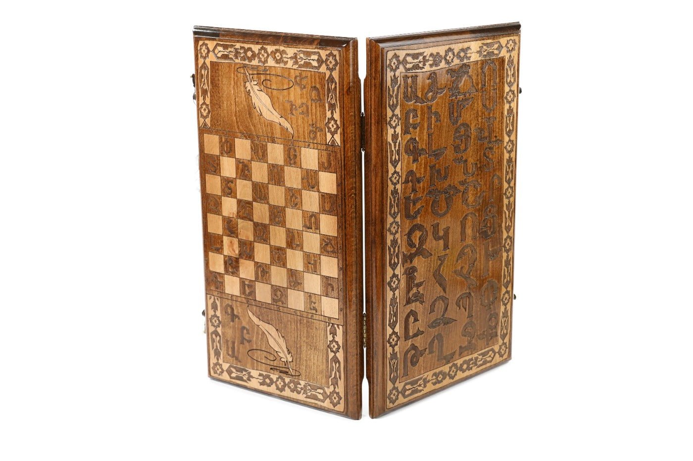Premium handcrafted wooden backgammon board cultural alphabet artwork