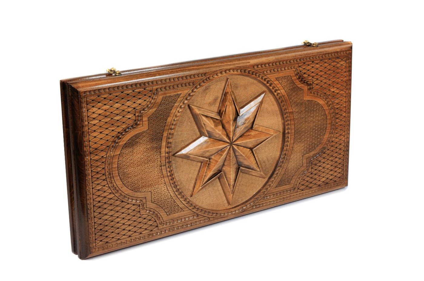 Luxury backgammon board with tiger and octagram artistic wooden detail
