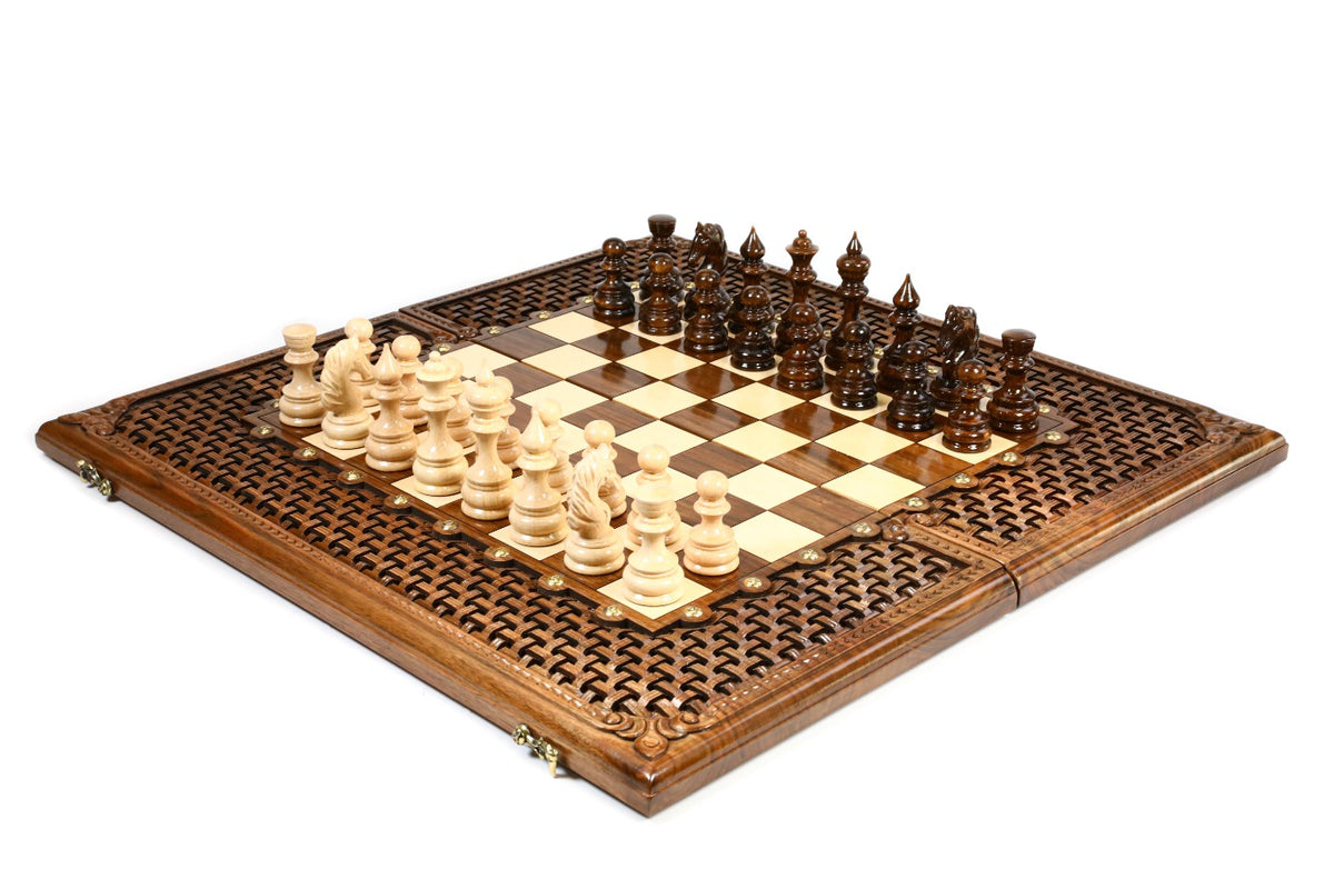 Luxury walnut epoxy chess and backgammon set with open-cut braid frame, pieces set for play