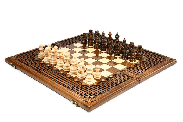 Luxury walnut epoxy chess and backgammon set with open-cut braid frame, pieces set for play