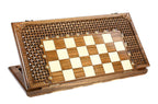 Closed 60 cm walnut chess board standing on edge, open-cut braid carving and bronze studs