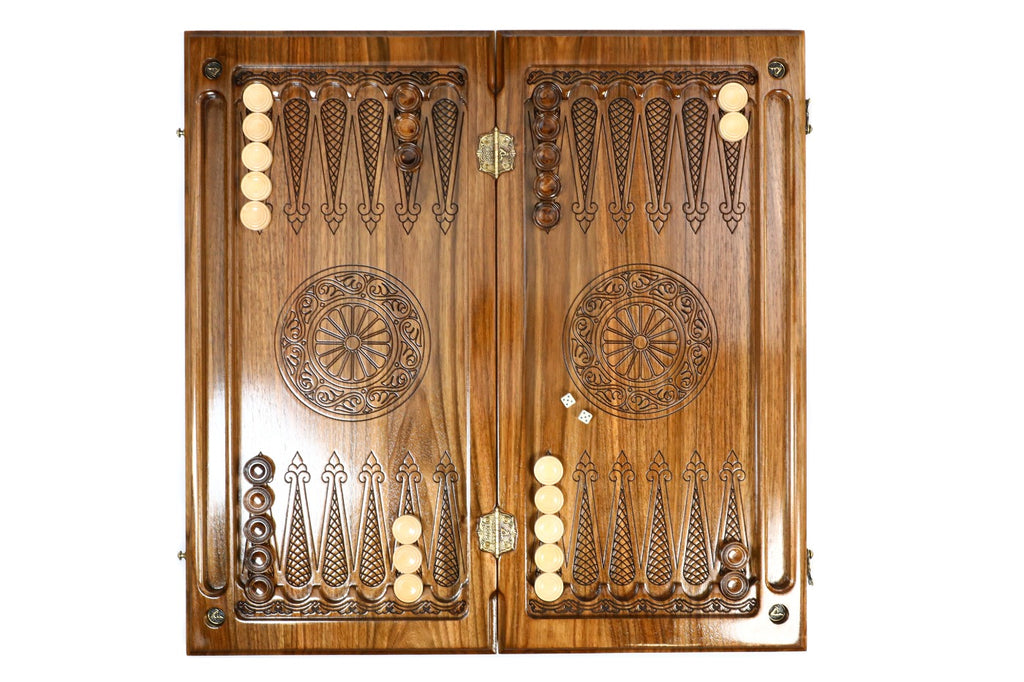 Backgammon field of the walnut epoxy set laid flat, carved points and wheel ornaments under clear resin