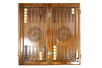 Backgammon field of the walnut epoxy set laid flat, carved points and wheel ornaments under clear resin
