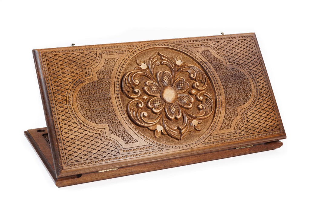 A frontal shot of the closed Ornamental classic backgammon board by Hrachya Ohanyan showing the detailed geometric carvings.