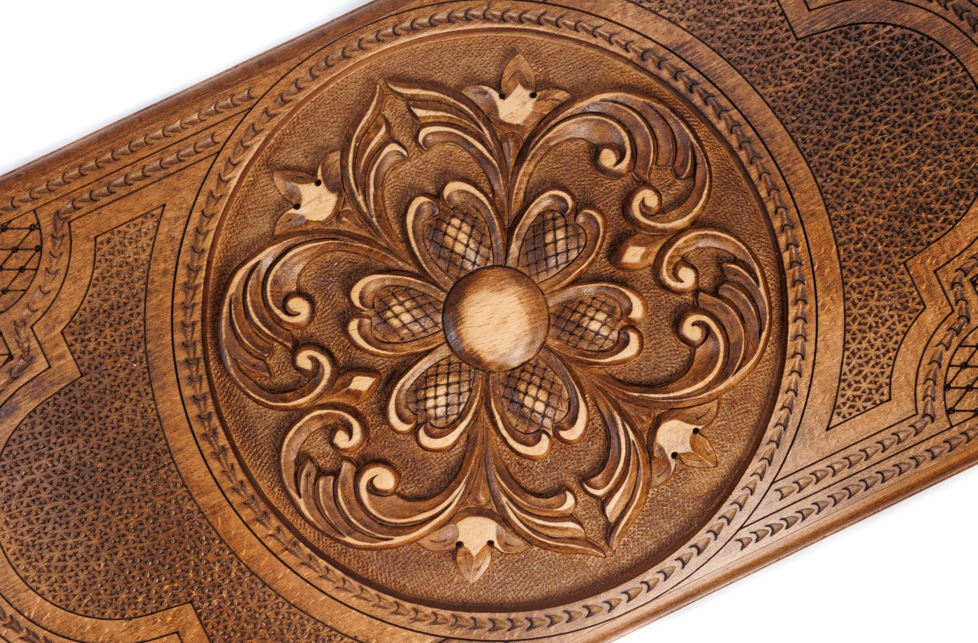 The interior of the open wooden backgammon board highlighting the smooth wood finish and the perfectly aligned pips.