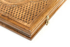 Ornamental Epoxy backgammon board - playing pieces and dice arranged on the board
