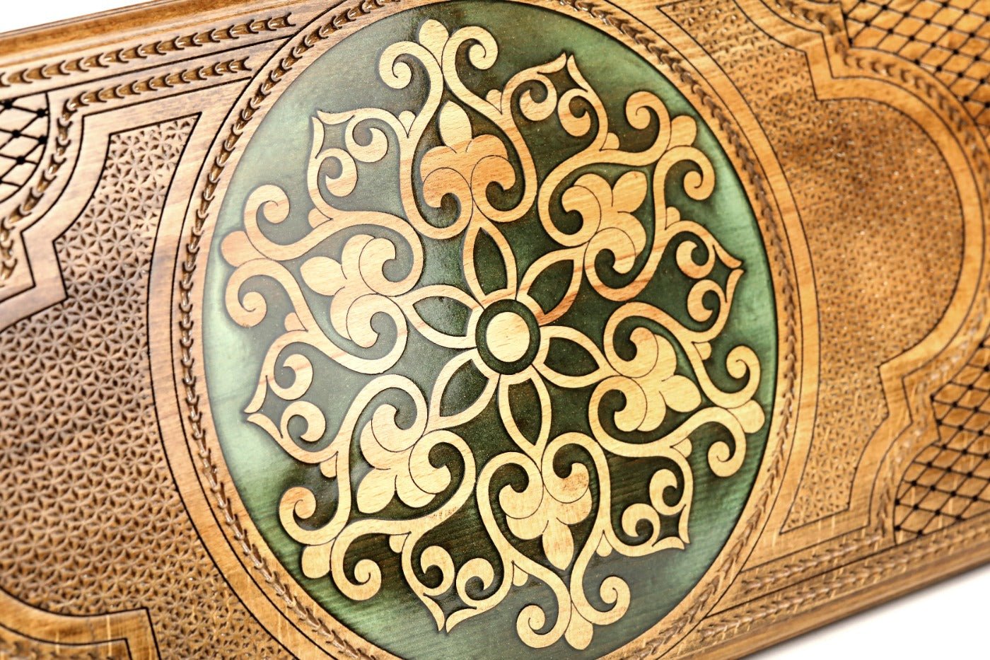 Luxury backgammon board with ornamental epoxy artistic pattern