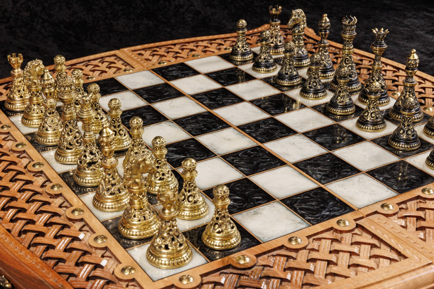 Wooden chess backgammon combination board opened showing dual game surface artisan crafted