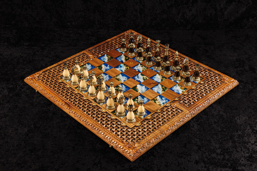 Handcrafted chess and backgammon board with amber stones and epoxy resin detailing 60 cm