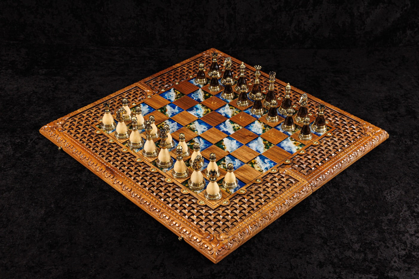 Handcrafted chess and backgammon board with amber stones and epoxy resin detailing 60 cm