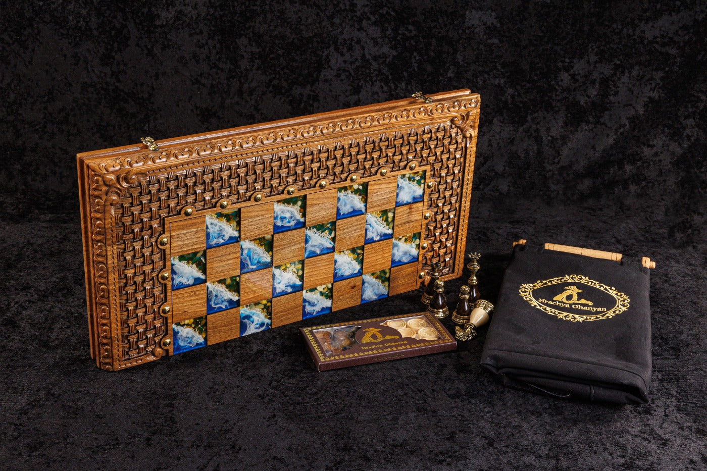 Wooden chessboard with checkered pattern on a dark background