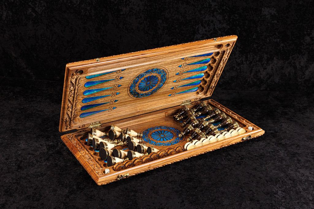 Artisan 2-in-1 chess backgammon board 23.6 inch with genuine amber stones and epoxy resin