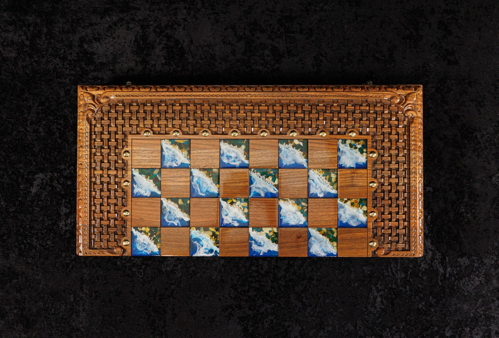 Epoxy Chess–Backgammon Board with Amber Stones – 60 cm | 23.6" Handmade Wooden Game Set