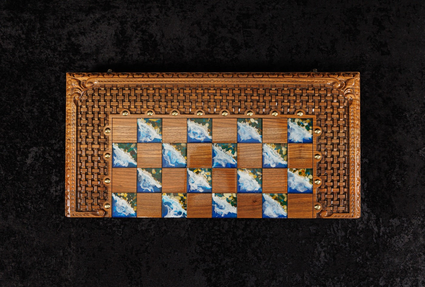 Epoxy Chess–Backgammon Board with Amber Stones – 60 cm | 23.6" Handmade Wooden Game Set