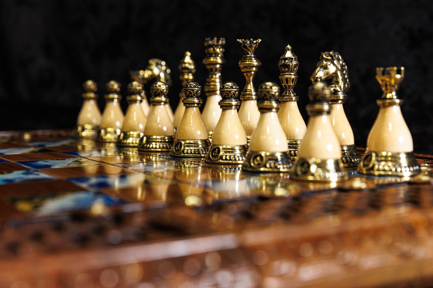 Epoxy Chess–Backgammon Board with Amber Stones – 60 cm | 23.6" Handmade Wooden Game Set