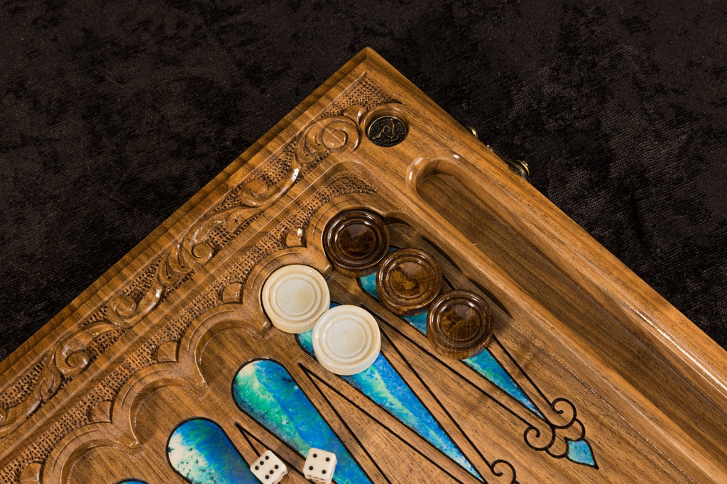 Epoxy Chess–Backgammon Board with Amber Stones – 60 cm | 23.6" Handmade Wooden Game Set