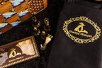 Hrachya Ohanyan chess backgammon set with embroidered velvet bag, boxed checkers and brass-topped pieces