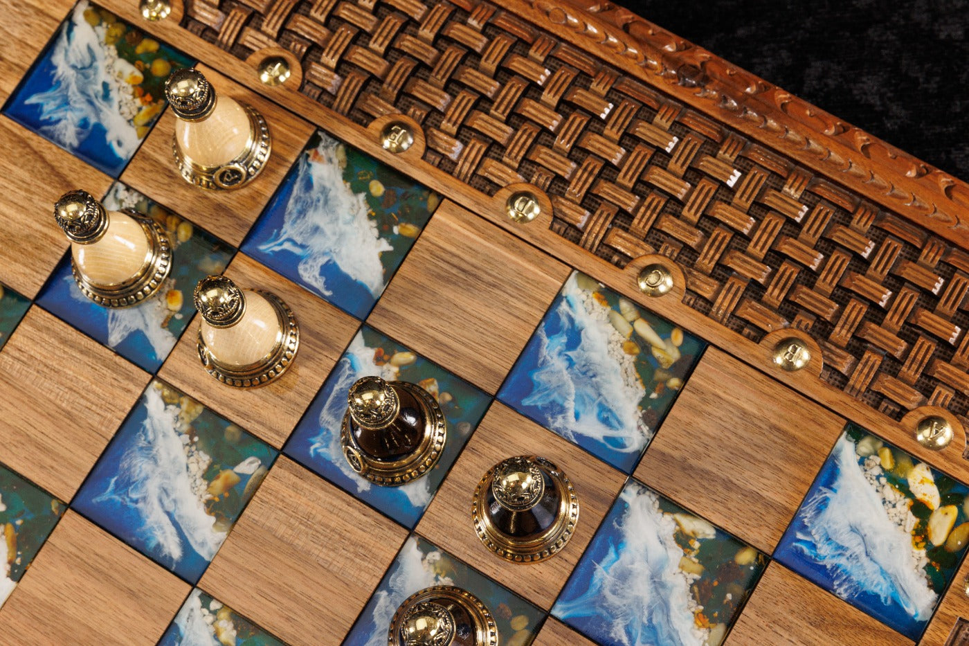 Epoxy Chess–Backgammon Board with Amber Stones – 60 cm | 23.6" Handmade Wooden Game Set