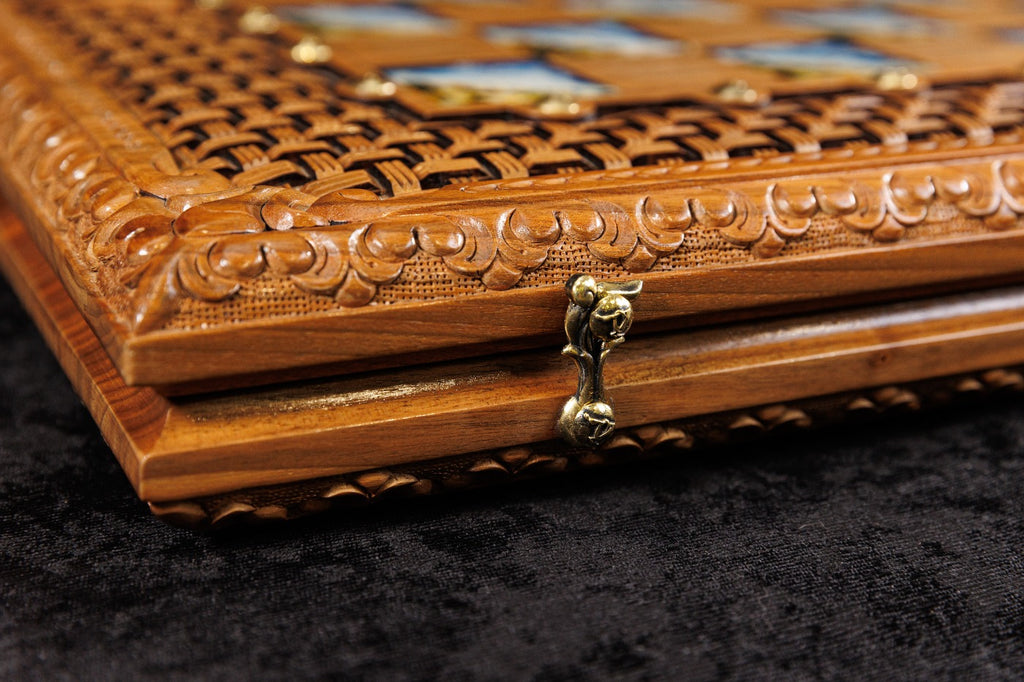 Epoxy Chess–Backgammon Board with Amber Stones – 60 cm | 23.6" Handmade Wooden Game Set
