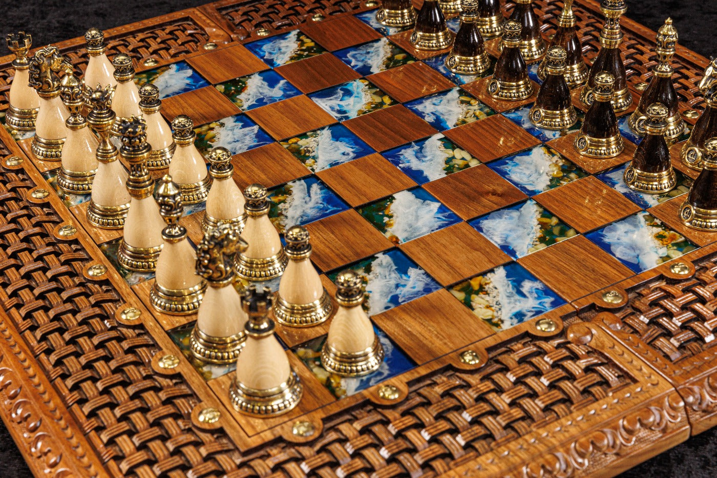 Luxury wooden chess backgammon set featuring natural amber stone accents and resin finish
