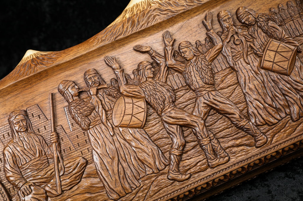 Armenian backgammon set featuring Dance of Sassoun artwork and decorative inlay craftsmanship