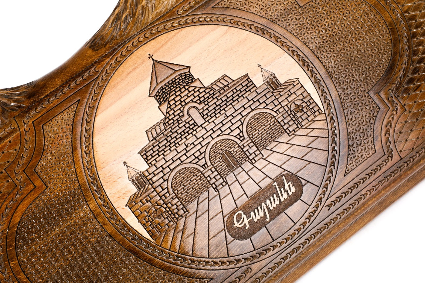 A wide shot of the open backgammon interior featuring the traditional Armenian wood grain and ivory-colored checkers.