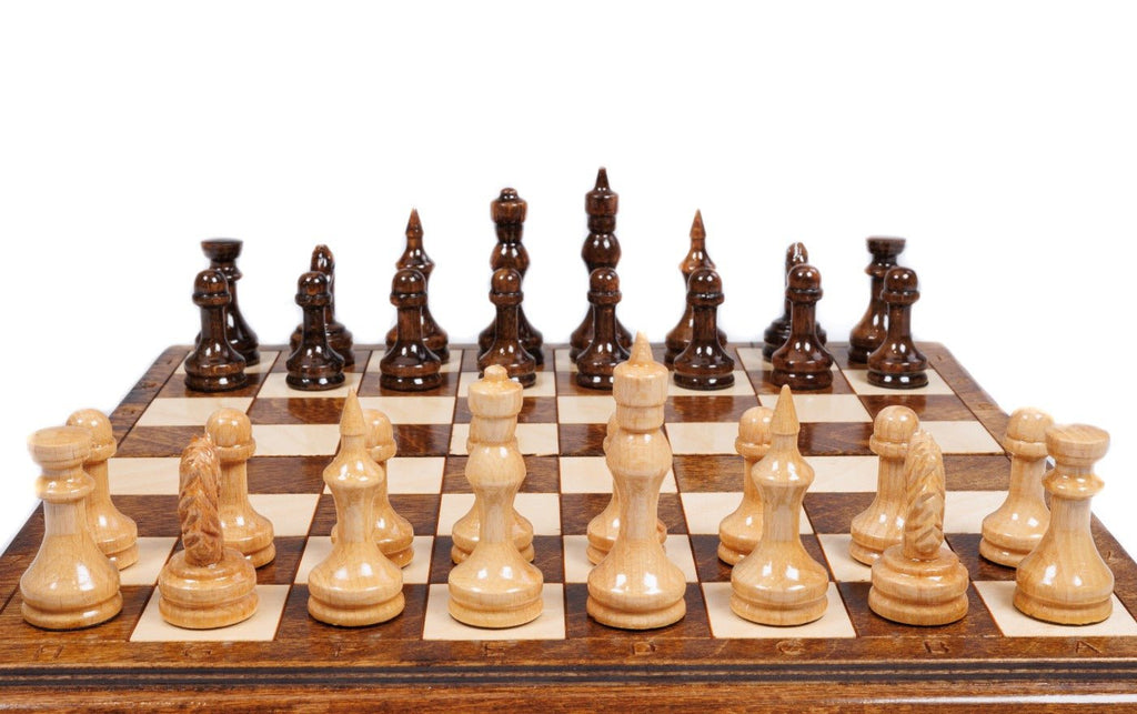 Small chess set with extended board design and classic wooden craftsmanship