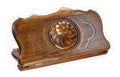 Top-down angle of the crafted wooden backgammon case highlighting the iconic Mount Ararat contour paired with the Eternity symbol.
