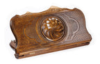 Top-down angle of the crafted wooden backgammon case highlighting the iconic Mount Ararat contour paired with the Eternity symbol.